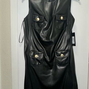 BCBG Black Faux Leather Mini Dress with Gold Accents